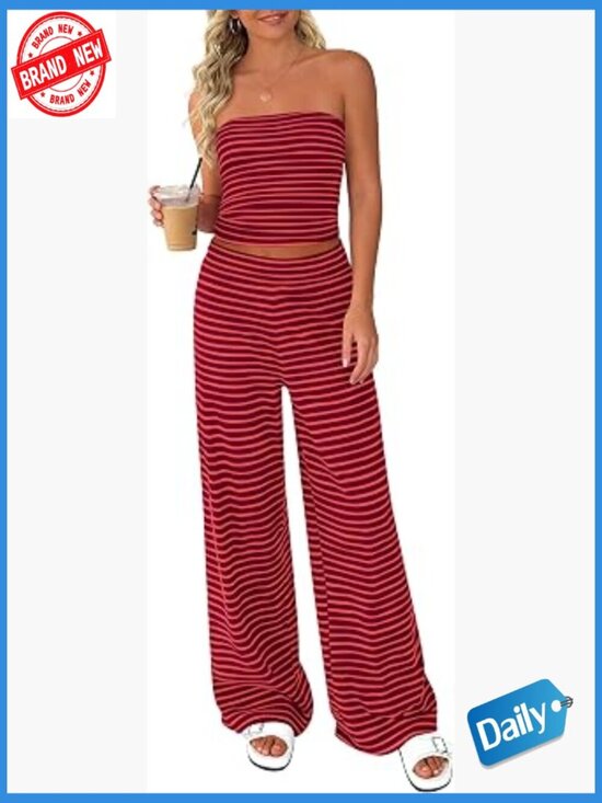 Pants - Two Piece Stripe Tube Top & Wide Leg Pants Set Summer Travel Outfit
